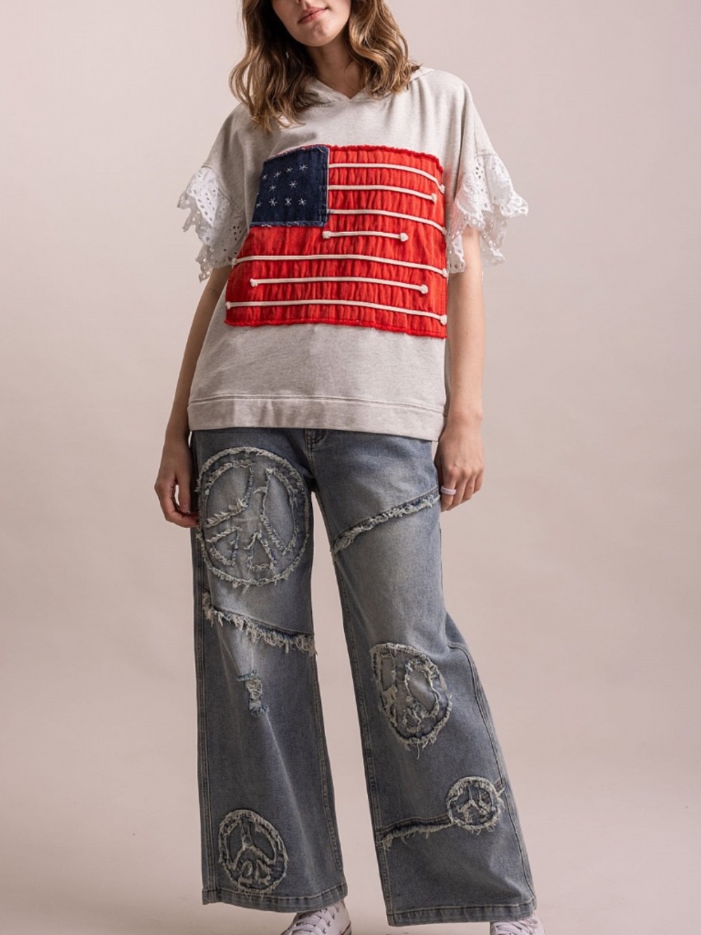 ❤️ BLUE VELVET “USA“ BLUE VELVET SHORT RUFFLE SLEEVE AMERICAN FLAG HOODIE TOP 27 - Picture 3 of 8